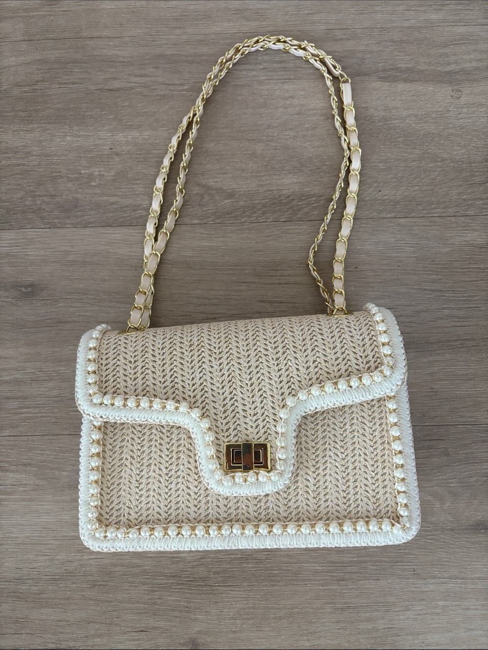 Woven Pearl-Trim Shoulder Bag in Cream